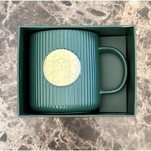 NEW Starbucks Dark Forest Green & Gold Pleated Ceramic Mug in Box